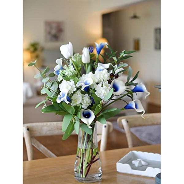 FiveSeasonStuff 10 Stems Real Touch Calla Lilies Artificial Flower Bouquet in Gift Box, Perfect for Wedding, Bridal, Party, Home Office Décor DIY (White & Blue)