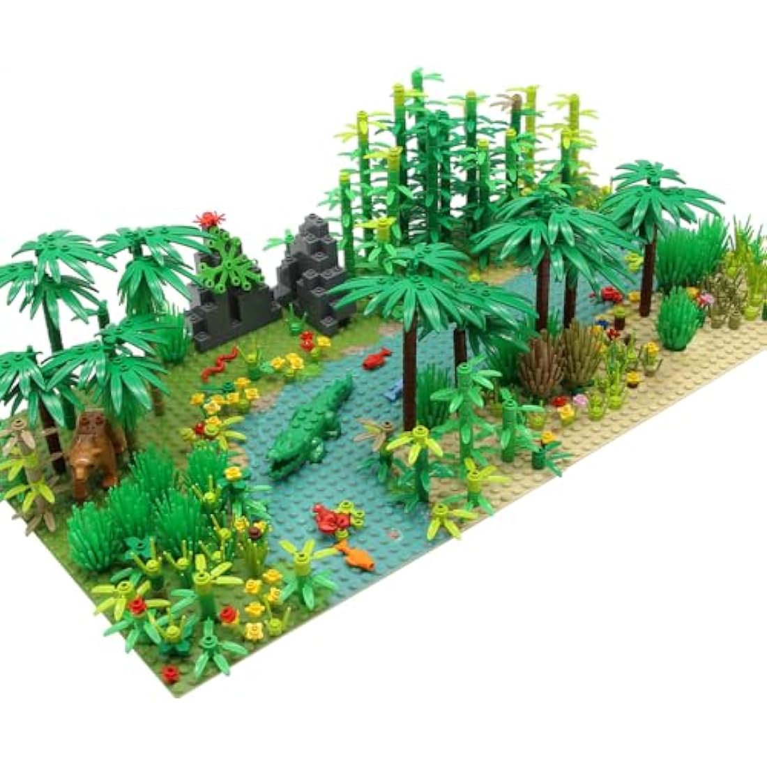 Feleph Jungle Animals Garden Building Blocks Bricks with 2 Base Plates, Forest Tree Plants Flowers Bush Wildlife Zoo Pack, Botanical Parts Toy Compatible with Major Brands