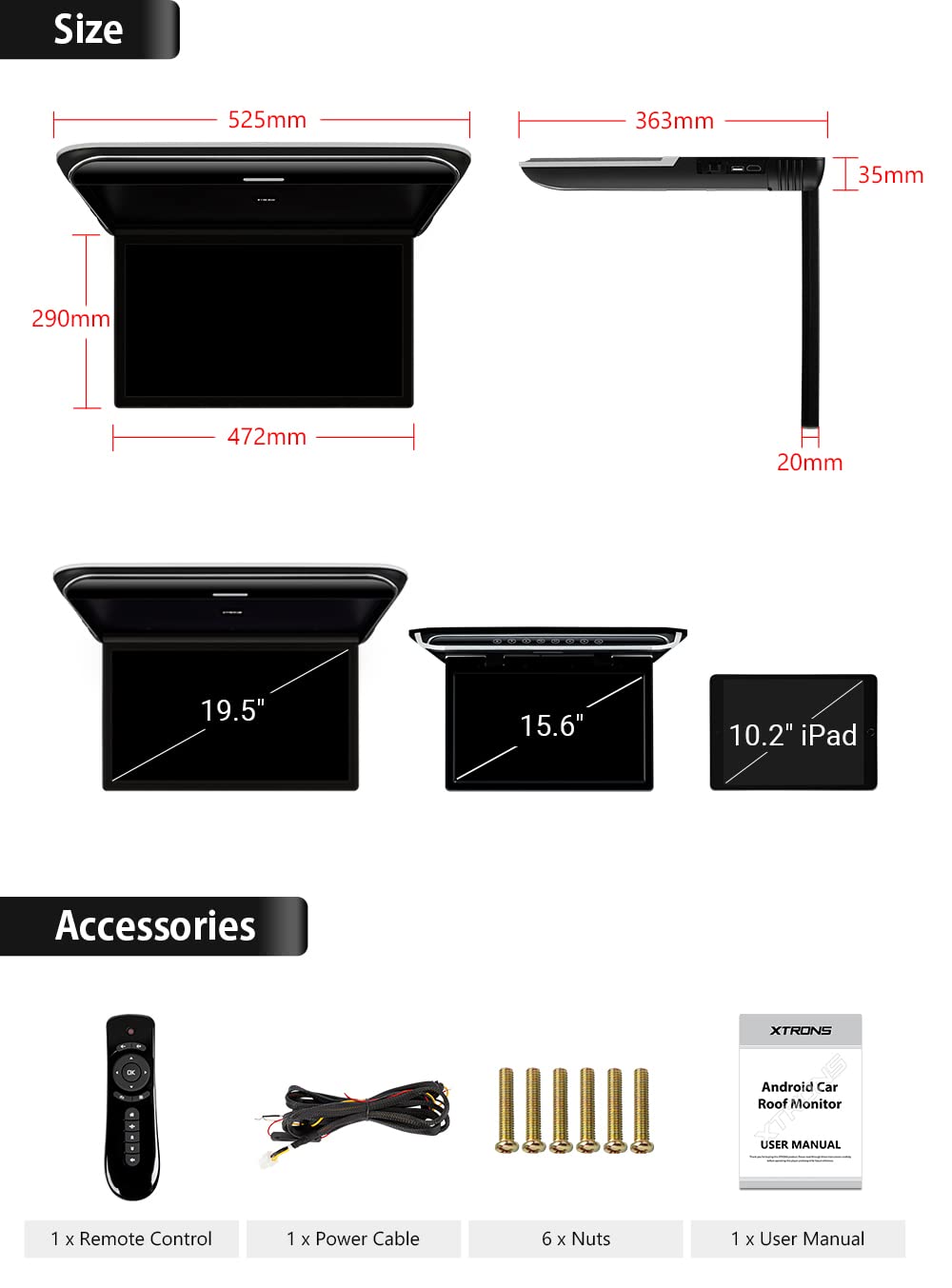 XTRONS Android Car Overhead Player 19.5 Inch Octa Core Car Roof Mount Monitor Wide IPS Screen 8K Video Built-in Stereo Speakers Flip Down Overhead Car Monitor Support 4G WiFi HDMI Input USB RCA Input