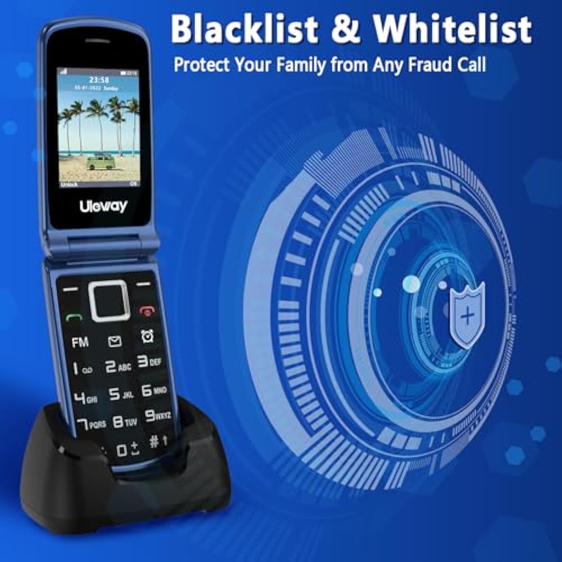 uleway 4G Big Button Mobile Phone for Elderly Sim Free Unlocked Simple Senior Flip Phone Easy to Use Basic Phones with 2.4" +1.8" IPS Screen, SOS Button, Charging Dock 1000mAh Battery (Blue)