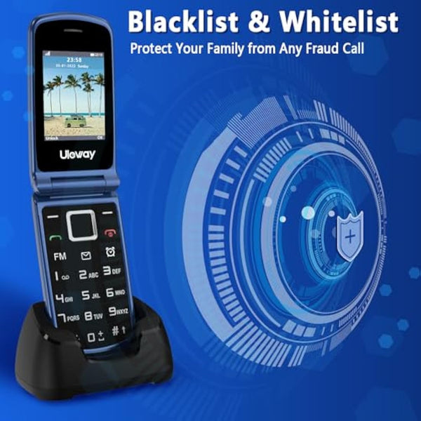 uleway 4G Big Button Mobile Phone for Elderly Sim Free Unlocked Simple Senior Flip Phone Easy to Use Basic Phones with 2.4" +1.8" IPS Screen, SOS Button, Charging Dock 1000mAh Battery (Blue)