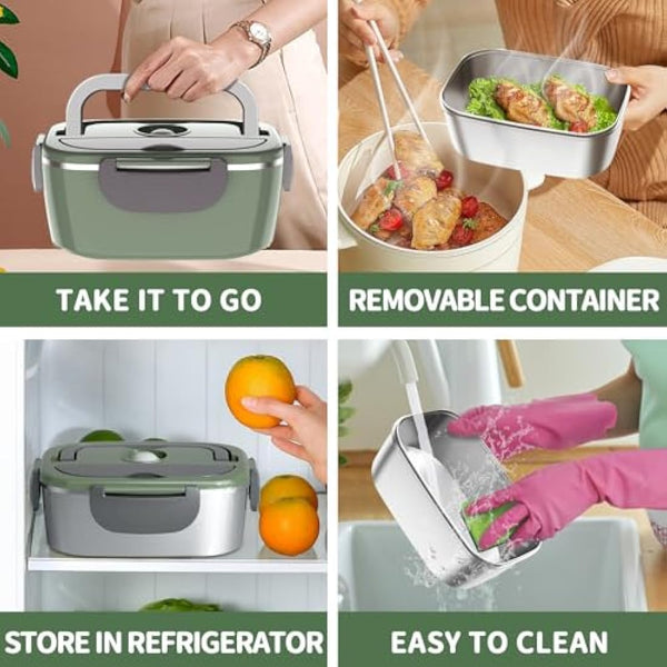 Electric Heated Lunch Box 100W - 3-in-1 Fast Heating Lunch Boxes Portable for Adults, 12V/24V/220V with 2 Pack Containers (Single & Compartment) for Car Truck Office (3 Times Faster), GreenGrey