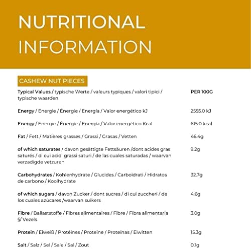 Hides Fine Foods - Cashew Nut Pieces 1kg - GMO - Free - Suitable for Vegetarians - Cooking - Salads - Snacking - Desserts - Cakes - Cookies - Breakfast
