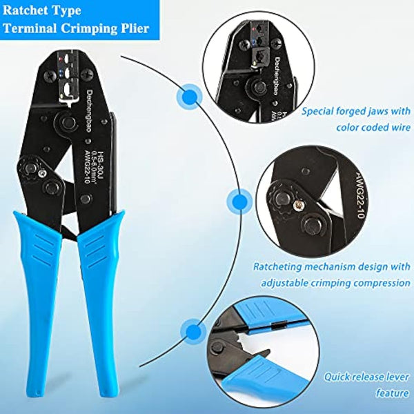 Insulated Wire Terminal Crimping Tool Kit, 0.5-6mm² Ratchet Crimping Plier, Cable Lug Pliers Electrician Crimping Tool Set with 700 Insulated Butt Bullet Spade Ring Crimp Connectors