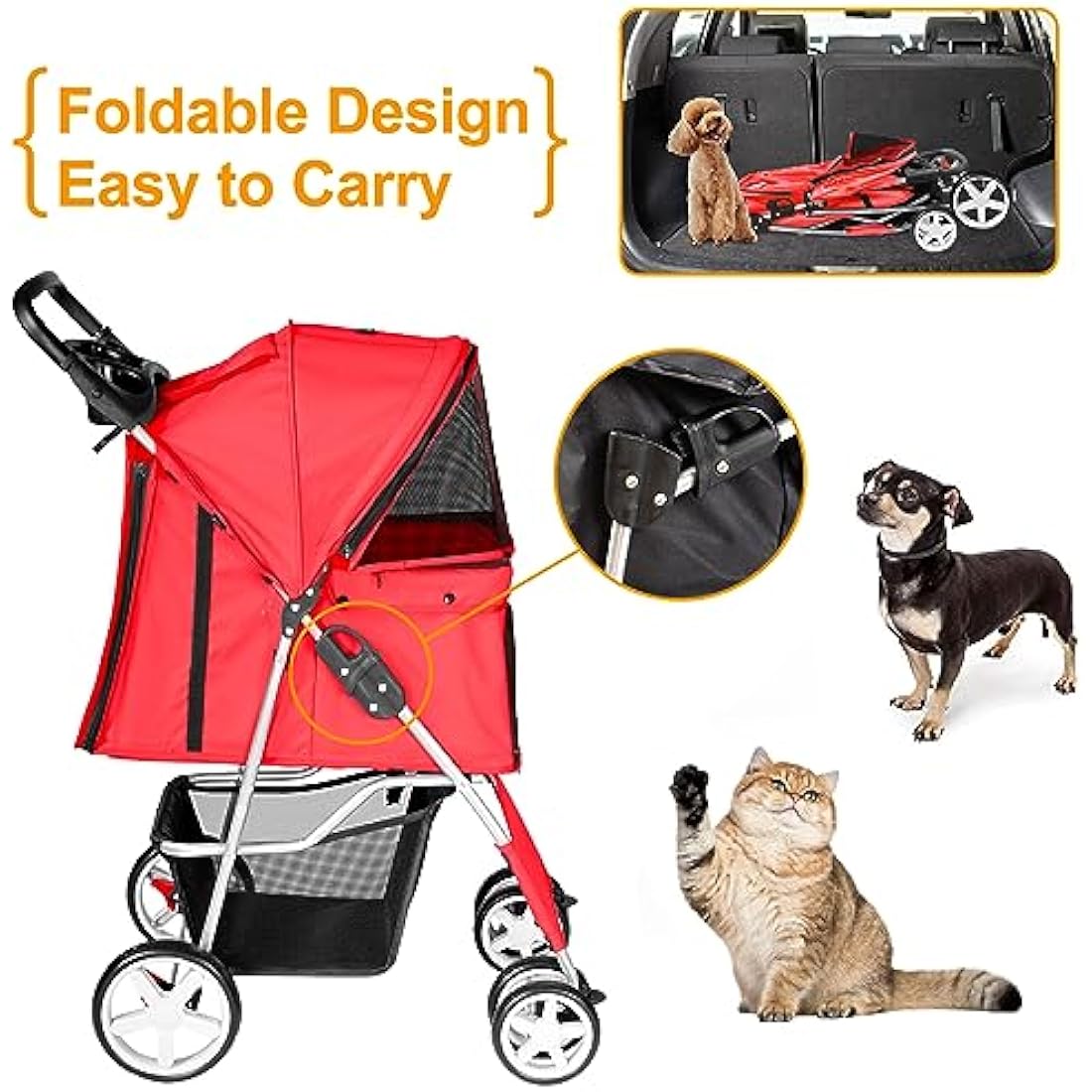 display4top Pet Travel Stroller Dog Cat Pushchair Pram Jogger Buggy With 4 Wheels (Red)