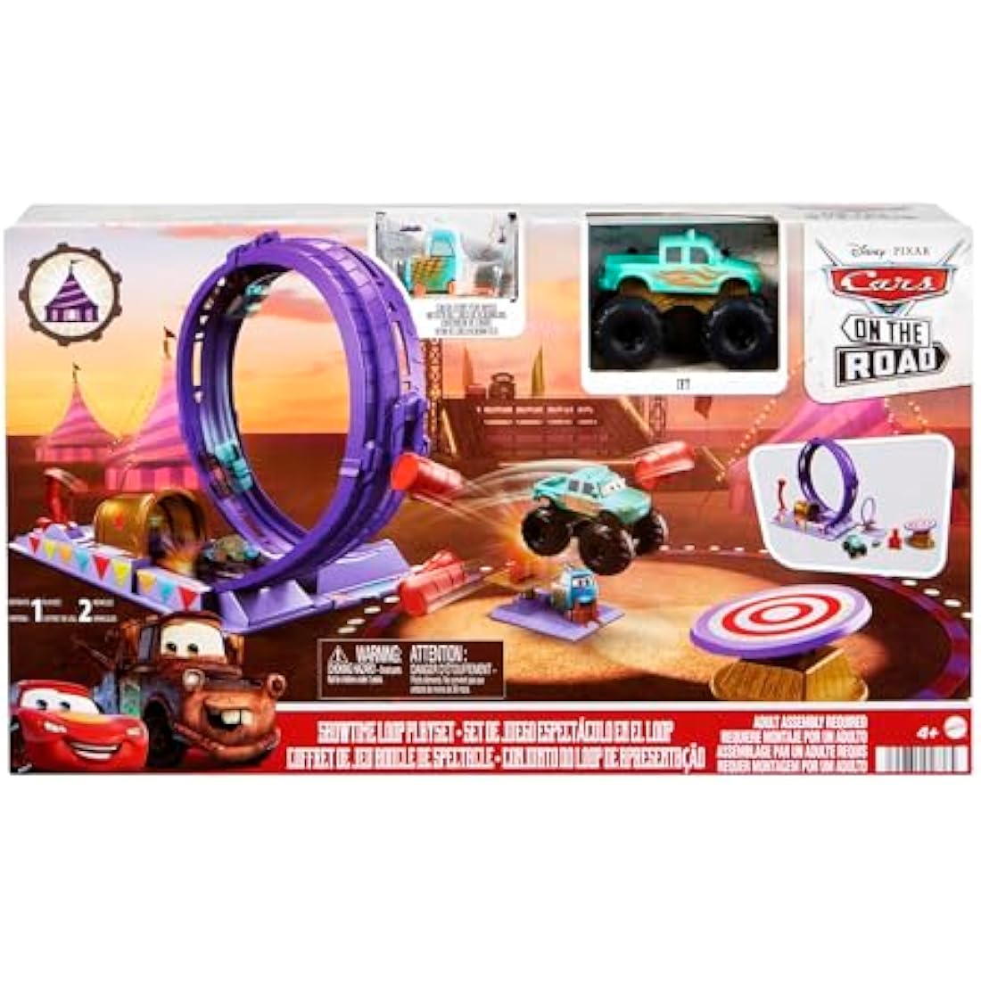 Disney and Pixar Cars On The Road Showtime Loop Playset with Ivy Monster Truck, Launcher and Movable Target, Toy Gift for Kids, HGV73
