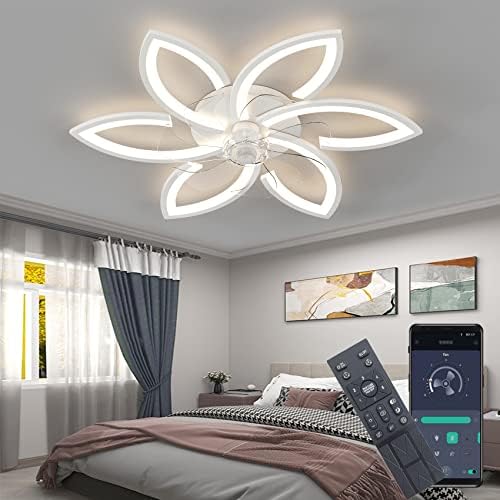 DIDADIDA Silent Ceiling Fan with Light, Ceiling Fan with Remote Control and Lighting APP dimmable Brightness 70W Creative Acrylic Flower Shape Ceiling lamp with Fan (White)