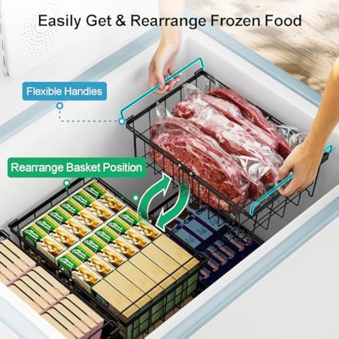iSPECLE Chest Freezer Baskets - Expandable Fit 283 to 566L Deep Freezer, 4 Pack Large Stackable Wire Basket Add Space Easily Get Frozen Foods with Handles, Allow Air Circulation, Black