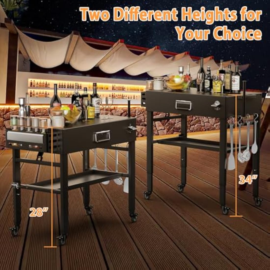 28" and 34" Upgrade Height & Quick-Fold Portable Grill Cart for Ninja Woodfire (OG700 Series), Blackstone 17"/22" Griddle, Pizza Oven – Outdoor Ninja Grill Stand with 4 Swivel Wheels