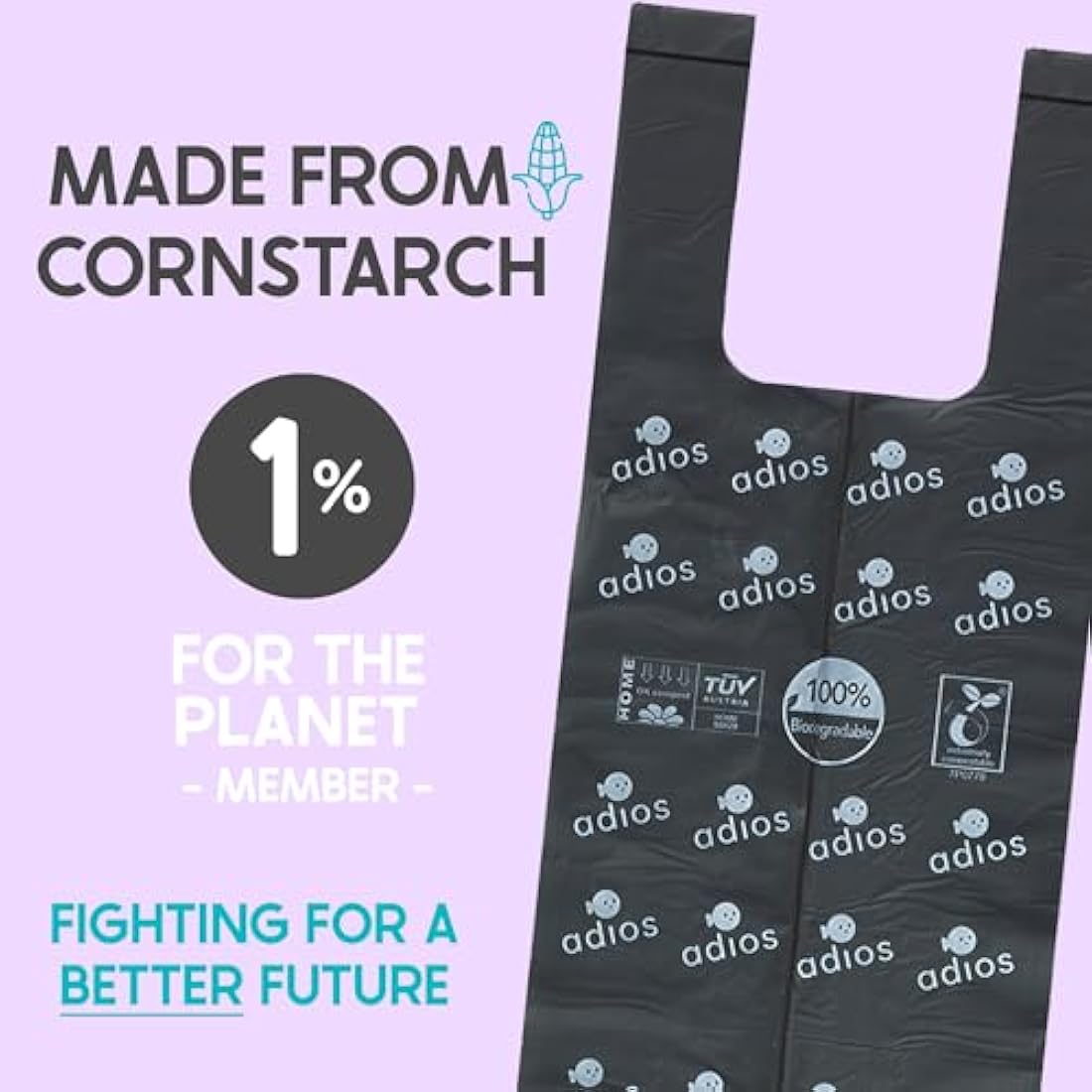 Adios Plastic - Compostable Dog Poop Bags with Handles, 360 Count (24 Rolls) - Grey - Extra Thick, Leakproof, Odour Proof Dog Waste Bags - Made from Compostable Cornstarch - Easy Tear Rolls