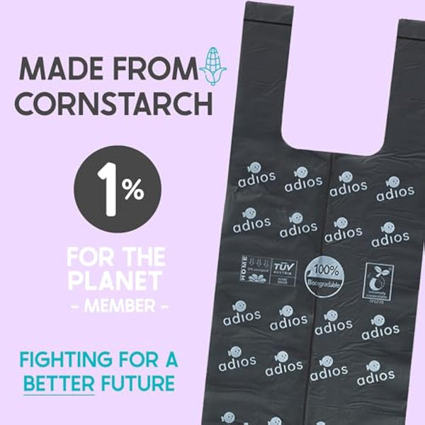 Adios Plastic - Compostable Dog Poop Bags with Handles, 360 Count (24 Rolls) - Grey - Extra Thick, Leakproof, Odour Proof Dog Waste Bags - Made from Compostable Cornstarch - Easy Tear Rolls