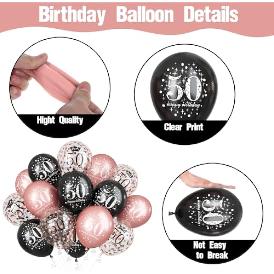 50th Birthday Decorations for Women, Pack of 15 Happy 50th Birthday Balloons Black Rose Gold Confetti Latex Helium Balloons for Her Age 50 Years Old 50th Birthday Party Decor Celebration Supplies