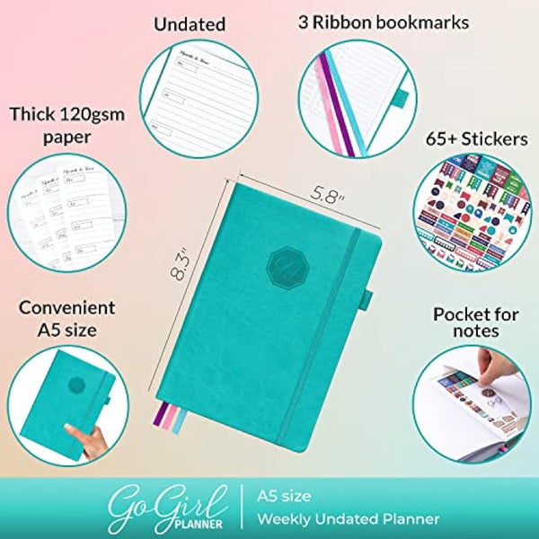 GoGirl Planner and Organizer for Women - A5 Size Weekly Planner, Goals Journal & Agenda to Improve Time Management, Productivity & Live Happier. Undated - Start Anytime, Lasts 1 Year - Turquoise