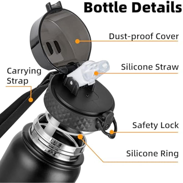 OLDLEY Stainless Steel Water Bottle with Straw 1L Vaccum Insulated Large Drink Flask Metal Water Bottles 1 Litre Leakproof Keep Drinks Hot Cold for Bike Sports Gym Adult Women Men(Black,1 Lid)