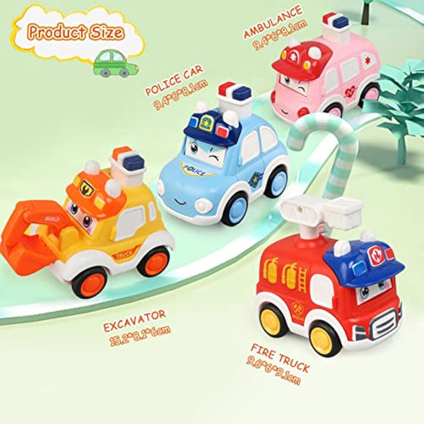 JoyPlus 4Pcs Baby Toy Cars, Press and Go Baby Toy Cars for 1 2 3 Year Old Toddlers, Cartoon Wind up Car Set, Car Toys Set Early Educational Toys Gifts for 1 2 3 Year Old Kids Boys Girls