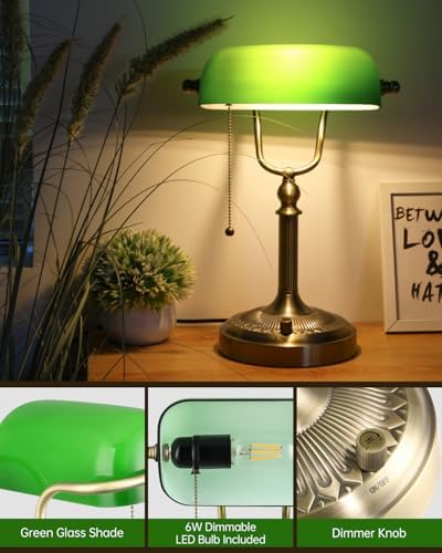 Newrays Green Glass Bankers Desk Lamp, Stepless Dimmable Table Lamp Plug in Fixture for Study, Office, LED Bulb Included