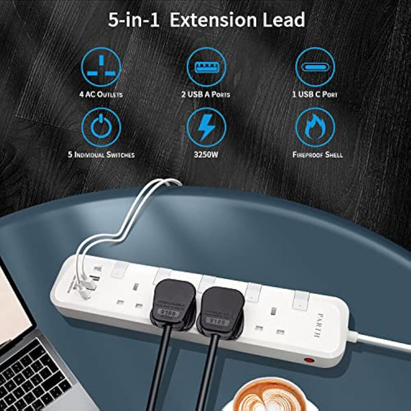 Extension Lead with USB Slots, 3m Long Heavy Duty Cable Extension Cord, Surge Protected Extension Plug with PD18W QC 3.0 USB Ports, 3 Metre 4 Way UK 13a Plug Extension Sockets Power Strip with Switch