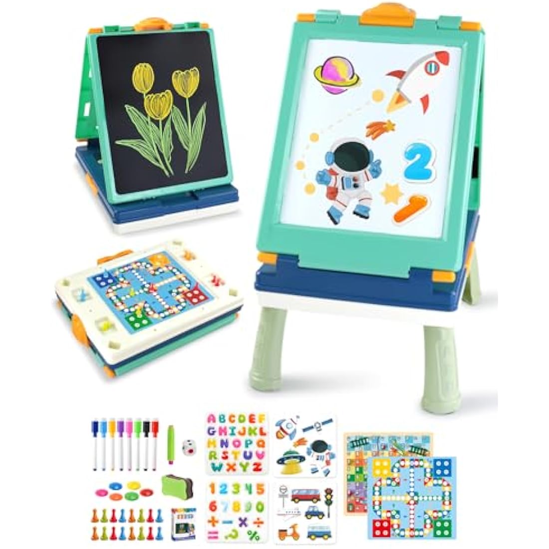 Elovien Easel Kids,Tabletop Easel for Toddler, Foldable 4 in 1 Double Sided Kids Art Easel with Chalkboard & Magnetic Whiteboard,Portable Desktop Drawing Board - Gift for Boys and Girls (Green)