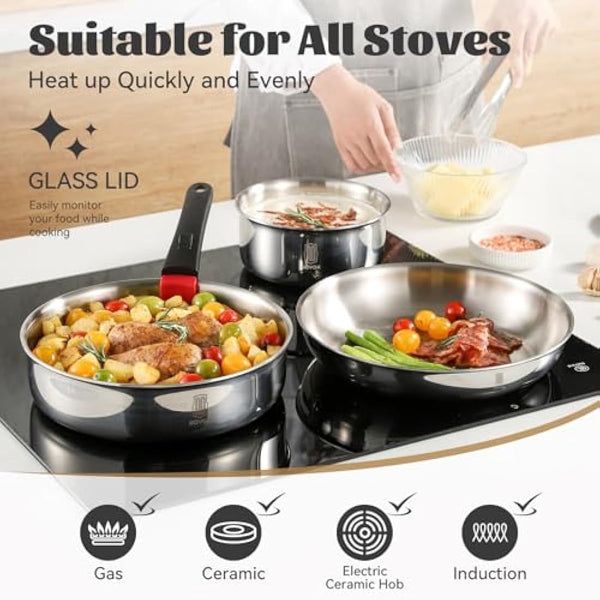 ROYDX 18/10 Stainless Steel Pan Set with Detachable Handles, 16 Piece Stackable Saucepan Set with Steamer, 24cm / 26cm Frying Pans with Pot for All Stoves inclu.Induction and Gas, Oven Proof