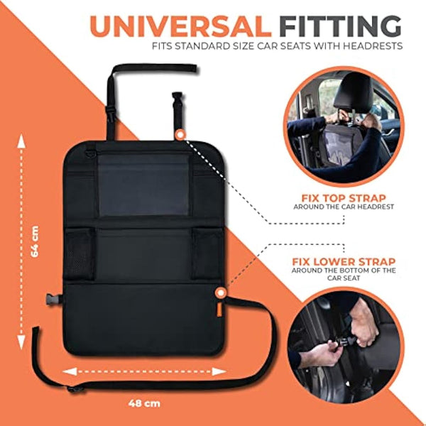 Huckaboo Car Seat Organiser - Kids Back Seat Organiser, Storage Pockets, Screen Holder, Black, 1 Pack