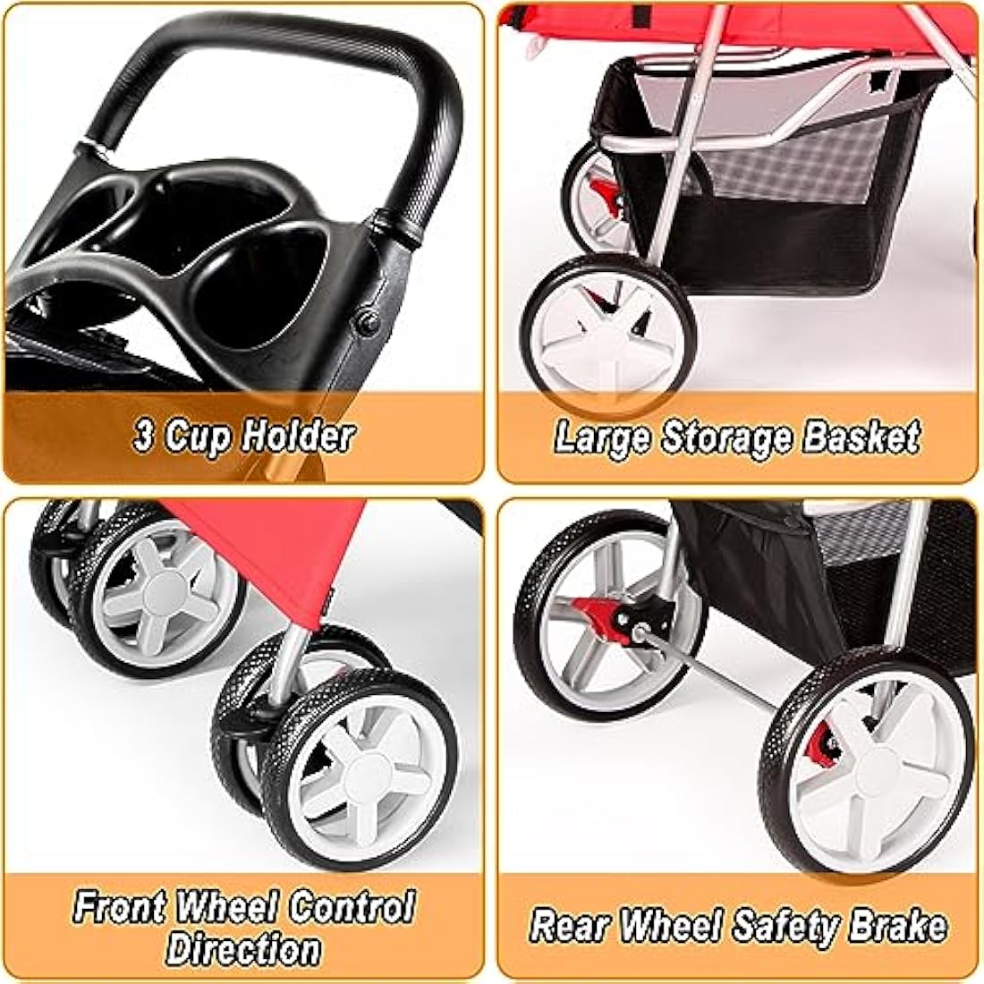 display4top Pet Travel Stroller Dog Cat Pushchair Pram Jogger Buggy With 4 Wheels (Red)