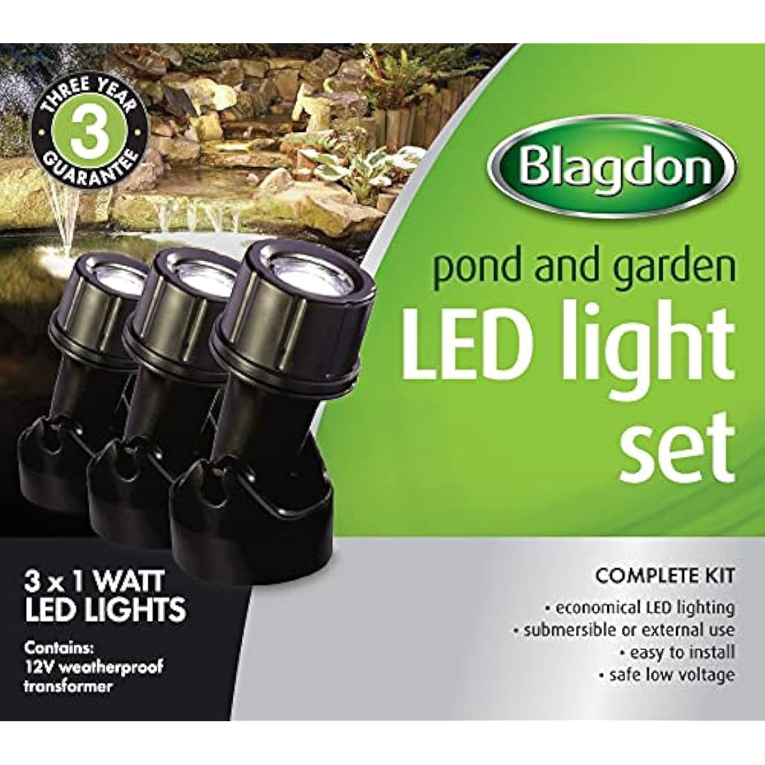 Blagdon Ultra Bright Economical LED Pond and Garden Lights, Fully Submersible, Waterproof, 1 Watt (3 Lights), with Transformer, Cables and Fixings, Black