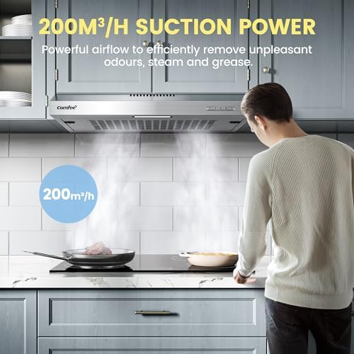 COMFEE' 60 cm Visor Cooker Hood SLIF17SS-60 LED Under Cabinet Hood Wall Mounted Extractor Fan Kitchen 600 mm Top Vented Range Hood - Stainless Steel