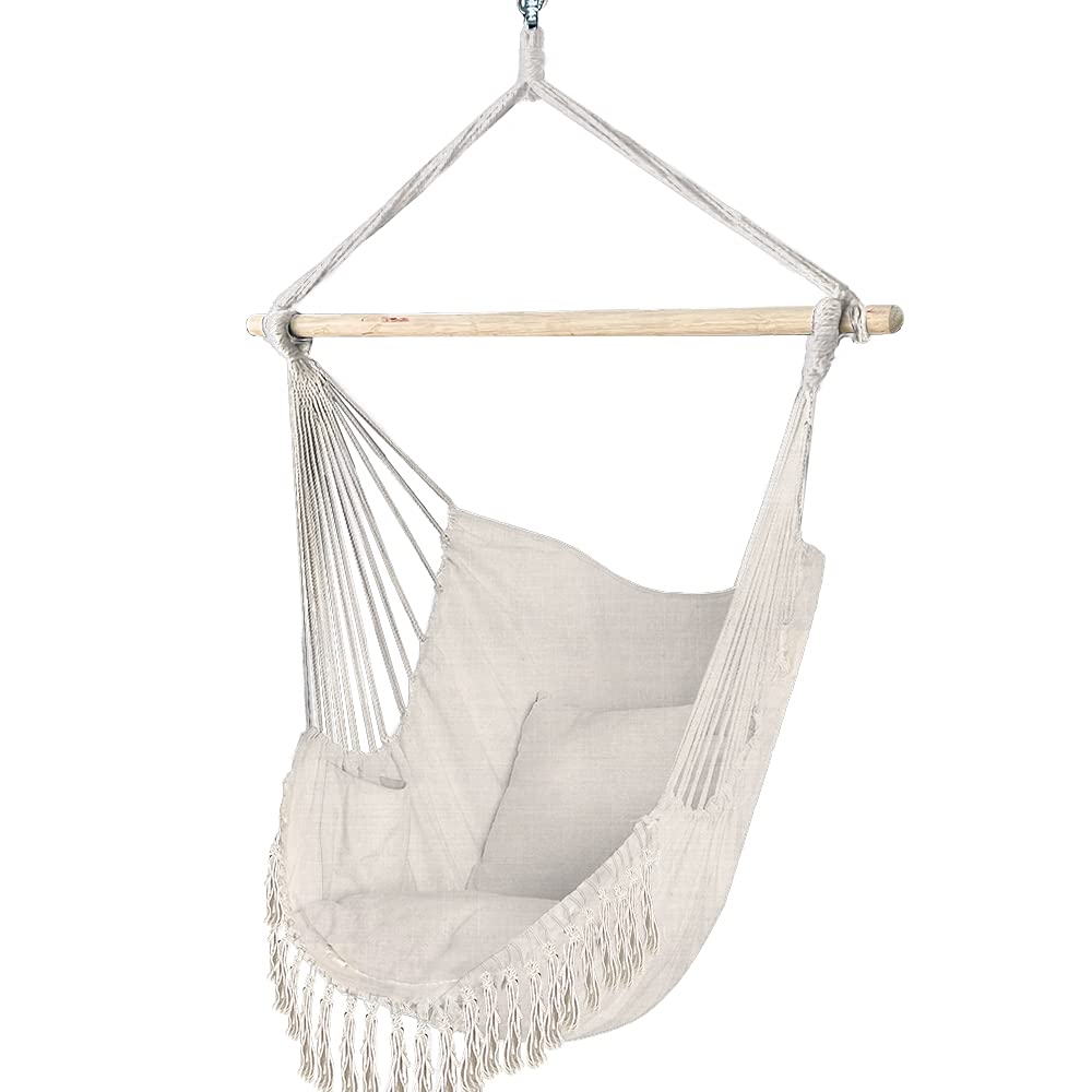 VOUNOT? Hanging Chair with Cushion, Macrame Hammock Swing Chair for Bedroom, Balcony, Patio, Garden, Indoor or Outdoor, 265LBS Capacity, Beige