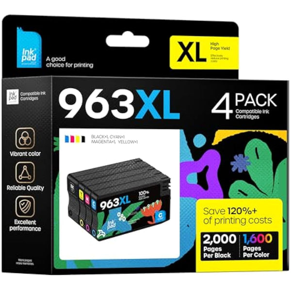 iNKPAD 963XL Ink Cartridges Multipack Compatible with HP 963 963 XL Ink Cartridges for HP Officejet Pro 9010 9016 9019 9018 9013 9020 9015 9012 9022 9014 9025 (4-Pack, Black Cyan Magenta Yellow)