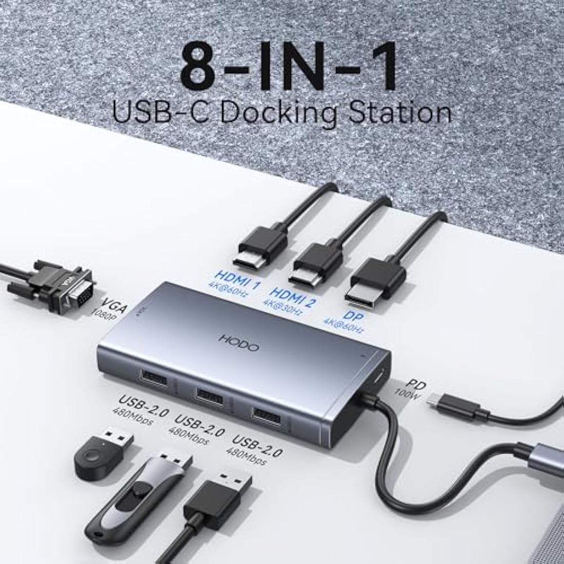 HODO USB C Docking Station Dual Monitor,8 In 1 Laptop Docking Station USB C Hub with 2 HDMI Monitor,DisplayPort,VGA,PD 100W,3USB Ports, Multiport Adapter for Dell, HP, Lenovo,Surface Laptops