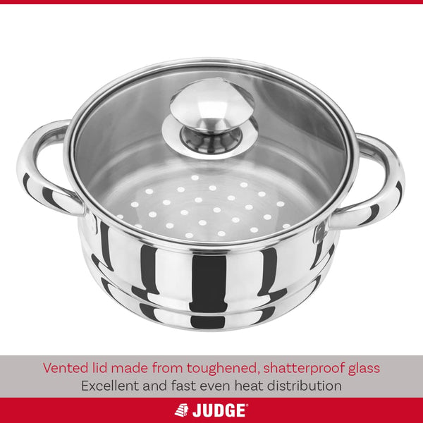 Judge Essentials Stainless Steel 3 Tier Steamer 22cm, Vented Glass Lid, Integral Casserole Pot, Oven Safe, Induction Ready, 10 Year Guarantee