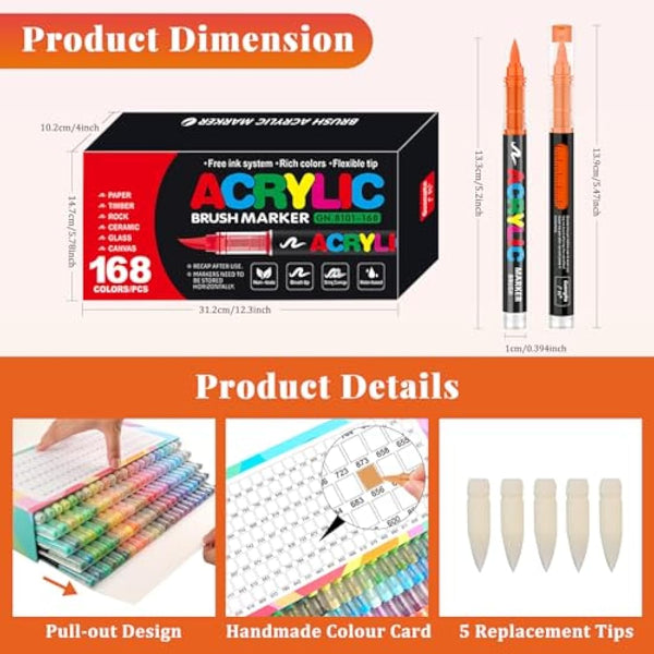 Funnasting 168 Colours Acrylic Paint Pens, Soft Brush Tip Acrylic Marker Pens, Paint Markers for Colouring, Glass, Fabric, Egg, Rock Painting and DIY Crafts Art Supplies