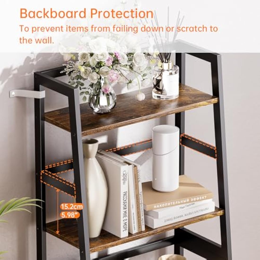 HITNET Ladder Shelf, 4 Tier Bookshelf, Freestanding Bathroom Storage Shelving Unit with Bamboo Frame for Living Room, Home Office, Bedroom, Rustic Brown and Black