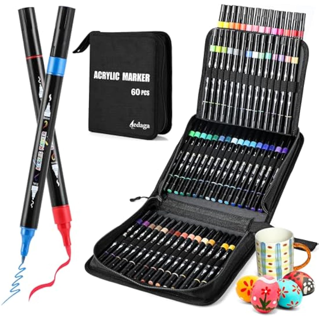 60 Colours Acrylic Paint Markers, Dual Tip Acrylic Paint Pens with Brush Tip and Fine Tip for for Adults, Kids, Eggs, Wood, Rock, Canvas, Plastic, Stone, Glass, Ceramic