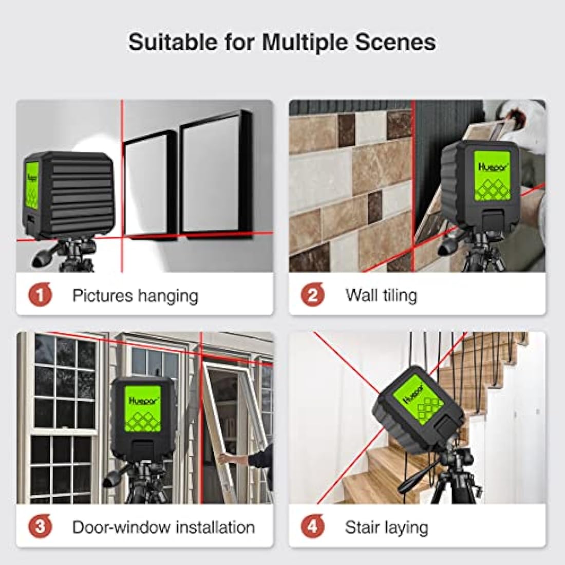 Huepar Self-Leveling Laser Level with Red Beam Cross Line Laser - Vertical and Horizontal Line, 100ft Alignment Tool for Picture Hanging and DIY Application, Battery Included