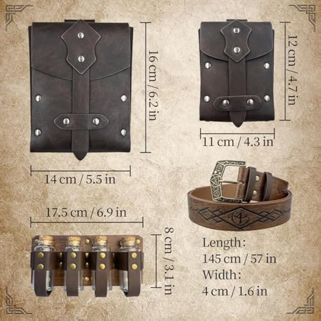 EpicCos 4 PCs Medieval Alchemy Belt Waist Pack Combo with Multiple Potion Bottles, Viking Rivet Belt Side Pouch for Cosplay (Brown B)