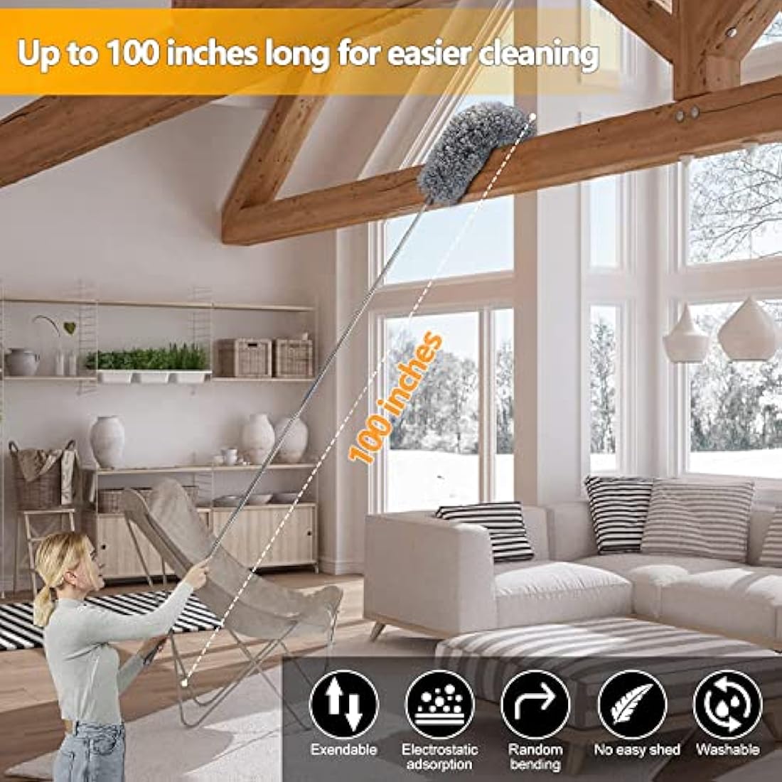 Feather duster 5PCS kit with 30-100 inch telescopic extension pole, detachable bendable and reusable gap hand crevice brush for cleaning dust cobwebs on high ceiling fans lights blinds cars furniture