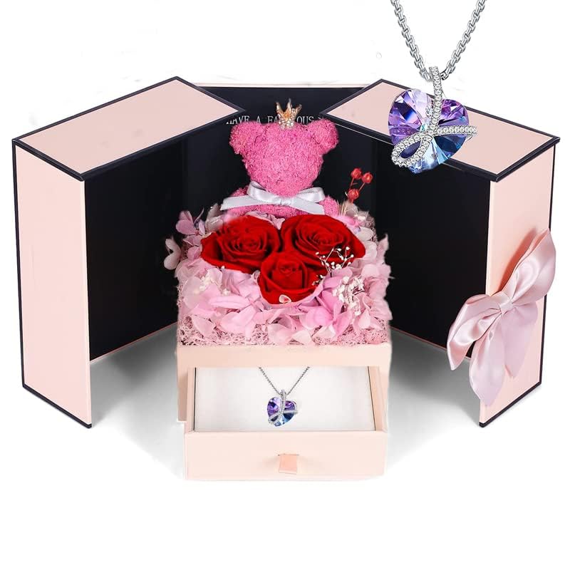 Firestyle Preserved Red Rose Moss Bear with Purple heart crystal necklace, Gifts for Women,Girlfriend,Wife,Mum,Gifts for her on Birthday, Anniversary,