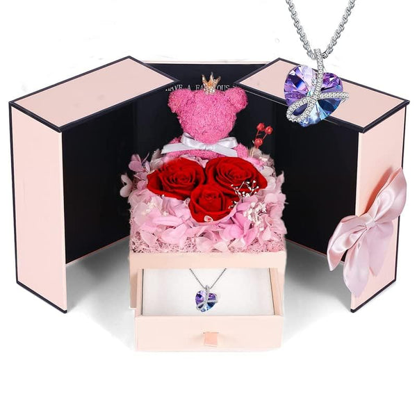 Firestyle Preserved Red Rose Moss Bear with Purple heart crystal necklace, Gifts for Women,Girlfriend,Wife,Mum,Gifts for her on Birthday, Anniversary,