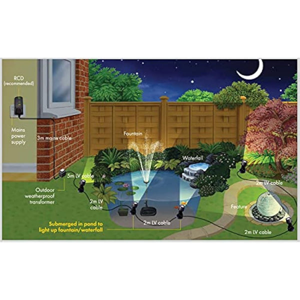 Blagdon Ultra Bright Economical LED Pond and Garden Lights, Fully Submersible, Waterproof, 1 Watt (3 Lights), with Transformer, Cables and Fixings, Black