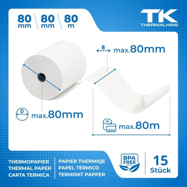 15 Rolls of Premium Thermal Paper 80mm x 80mm x 12mm - Certified for Checkout Printer like Epson, IBM, Metapace etc.