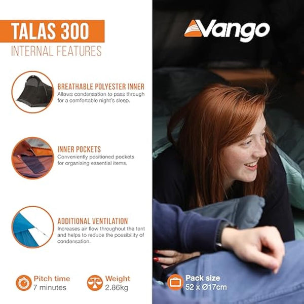 Vango Talas 300 Tunnel Tent [Amazon Exclusive] Easy To Pitch 3 Man Tent Waterproof for Adventure Camping, River Blue