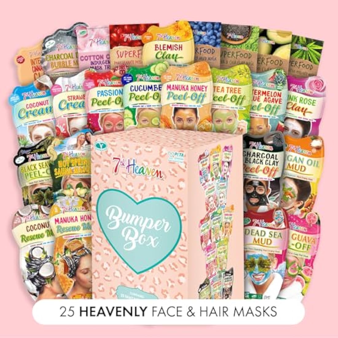 7th Heaven Bumper Box Face Mask Gift Set - Pack of 25 Face Masks - Deeply Moisturising and Skin Rejuvernating & Blemish Repair - Charcoal, Pink Rose Clay & Dead Sea Mud - Suitable For All Skin Types