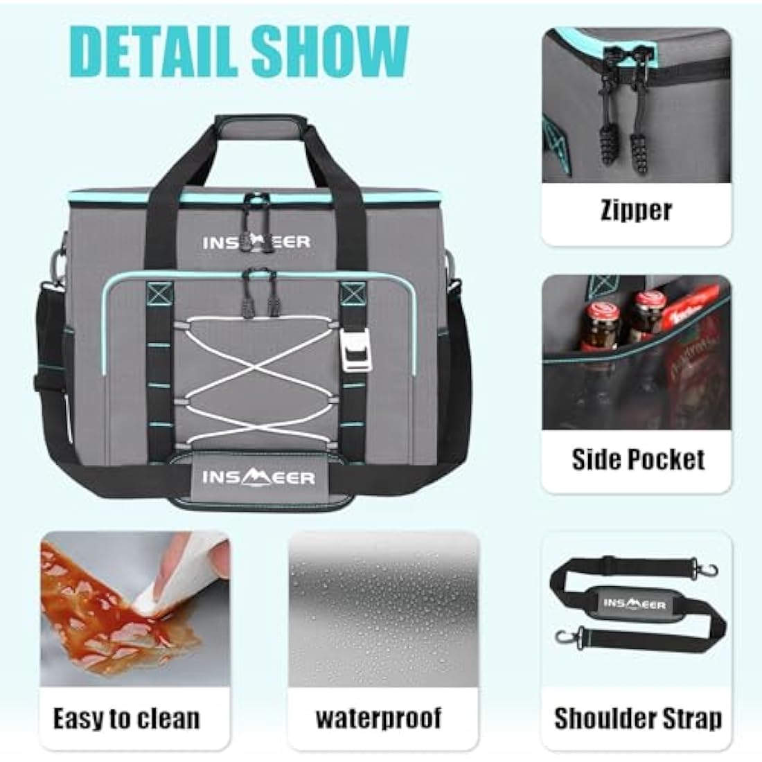 INSMEER Large Cooler Bag, 55L / 90 Cans Insulated Leakproof Cool Bag, Collapsible XXL Large Capacity Picnic Bag with Bottle Opener, for Camping, Beach, Shopping, Picnic, Outdoor