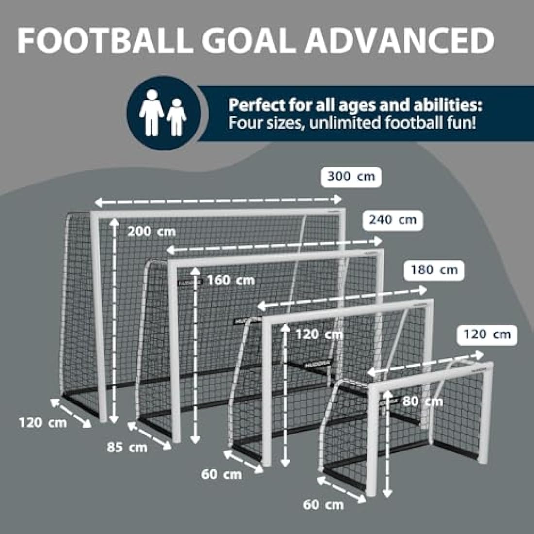 HUDORA Football Goal Advanced 120/180/240/300 I For Kids/Adolescents & Adults I Outdoor Football Goal for Garden I Weather- & Stable Soccer Training Goal with Close-Mesh Net