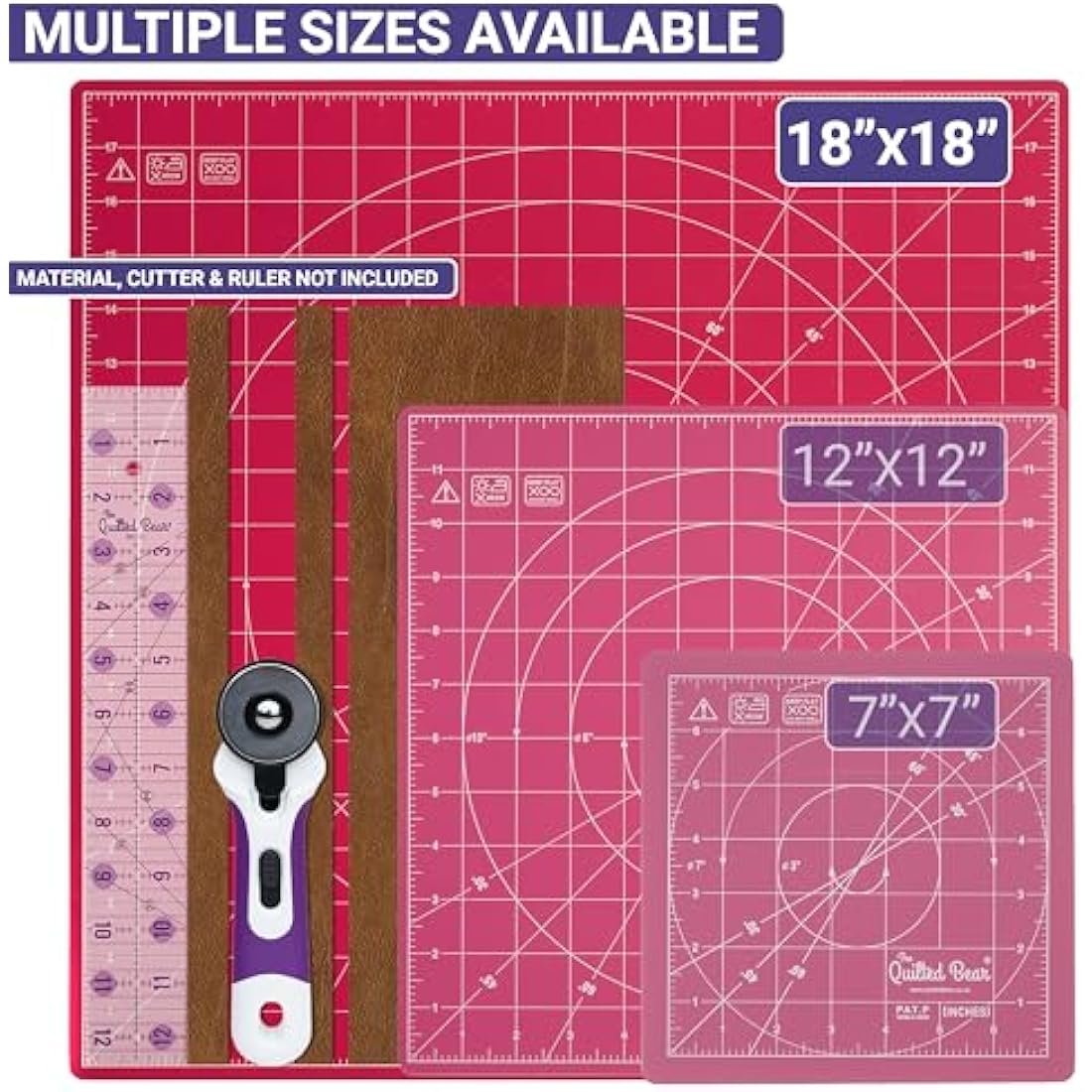The Quilted Bear Rotating Cutting Mat 18" x 18" - Square Self Healing Rotating Craft Cutting Mat with Innovative Locking Mechanism for Quilting & Sewing (Pink)