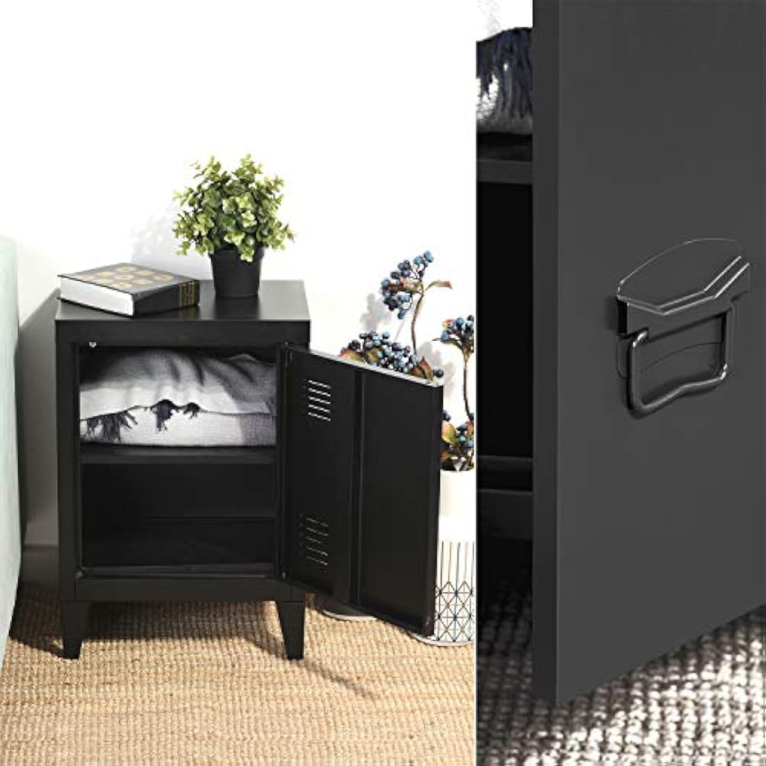 Homybec Single Metal Locker Storage Cabinet 1-Door, Scandinavian Free Standing 2 Tier Shelves Bedside Nightstand Cupboard for Home Office Study Bedroom Living Room, Black