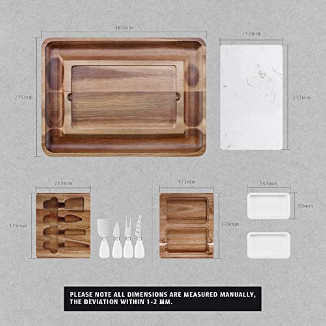 hecef Acacia Wood Cheese Board Set, Cheese Platter with 2 Slide-Out Drawers& Cutlery Set& Snack Plates& Marble Cheese Slate, Charcuterie Board for Serving Housewarming Gifts (White)