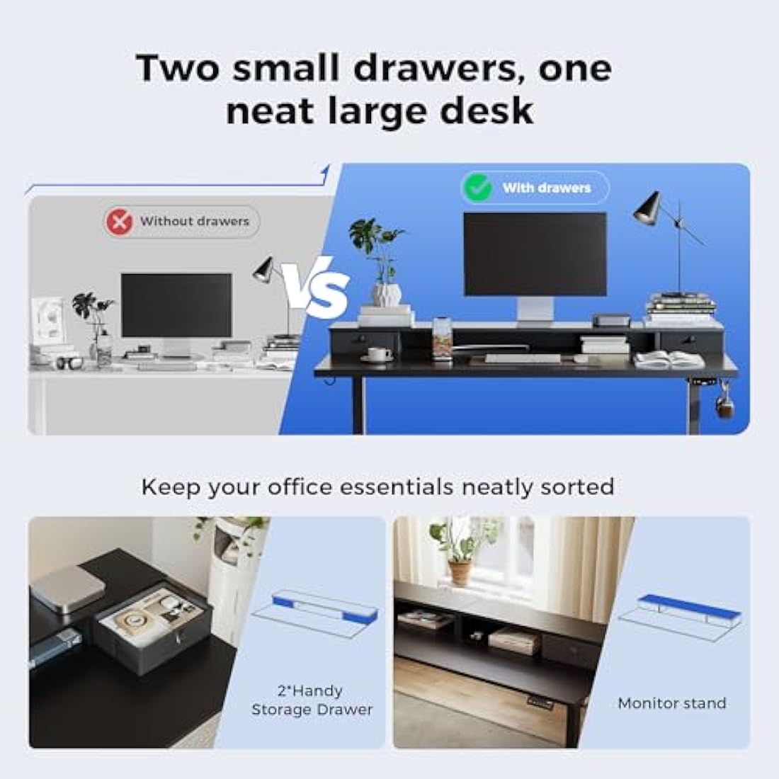 Agilestic Height Adjustable Desk with Two Drawers, 120 x 60 cm Electric Computer Desks with Memory Function, Sit Stand Desk, Black