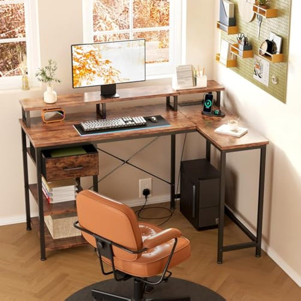 Dripex L Shaped Desk with Power Outlet Corner Computer Desk with Storage Shelves & Fabric Drawer, Study Writing Table Gaming Desk for Home Office L120xW80xH88cm